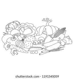 Vegetable Harvest thin black stroke colorless cartoon. Outlined illustration with thin line black stroke