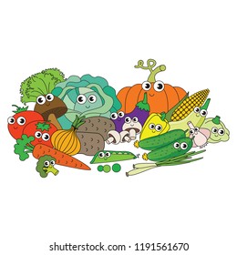 Vegetable Harvest thin black stroke funny cartoon. Outlined illustration with thin line black stroke