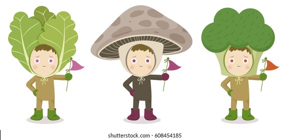 Vegetable Head Child Character, Lettuce, Mushroom,Broccoli