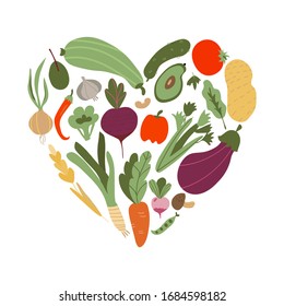 verduras en forma de corazón. Conjunto de íconos vegetales formando forma cardíaca. Íconos de comida vegetariana. Dibujo alimentario plano saludable. ilustración del vector dibujado a mano