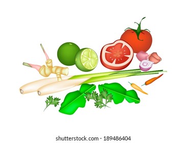 Vegetable and Herb, An Illustration of A Delicious Fresh Lime, Shallot, Kaffir Lime, Chili Pepper, Lemon Grass, Blue Ginger and Tomatoes Used for Seasoning in Tom Yum Soup. 
