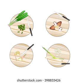 Vegetable and Herb, Illustration of Galangal, Lemon Grass, Straw Mushrooms and Culantro on Wooden Cutting Boards.