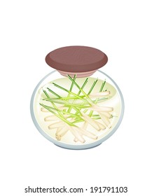 Vegetable and Herb, An Illustration of Pickled Lemongrass in Brine of Vinegar and Salt in A Glass Jar 