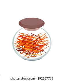 Vegetable and Herb, Illustration of Red Saffron Thread in Glass Jar, A Spice Derived From Crocus Sativus Used for Seasoning in Cooking. 