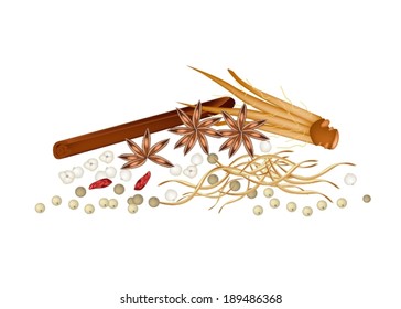 Vegetable and Herb, A Pile of Dried Star Anise, Siamese Cardamom, Fingerroot with Cinnamon Sticks and Peppercorns Used for Seasoning in Cooking. 