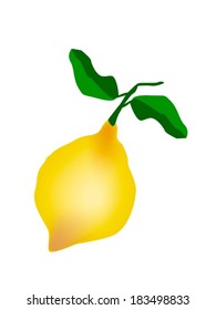 Vegetable and Herb, Vector Illustration of A Delicious Fresh and Ripe Lemon with Green Leaves Isolated on White Background. 