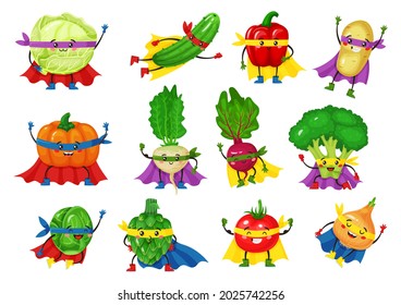 Personajes de héroe vegetal. Tomate gracioso, brócoli, pepino en gorras de superhéroes. Superhéroes de verduras sonrientes, mascota vectorial set. Abeja fresca y orgánica y calabaza en máscaras y capas