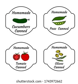 Vegetable homemade canned labels set. Outline doodle style design template. Hand drawn vector transparent illustrations. Cucumbers, peas, tomatoes and olives.