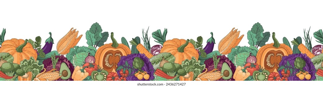 Vegetable horizontal seamless border. A large pattern of vegetables. The design of the lower part of the menu page, website, book, list. Pumpkin, lettuce, cucumbers, tomatoes, other autumn vegetables