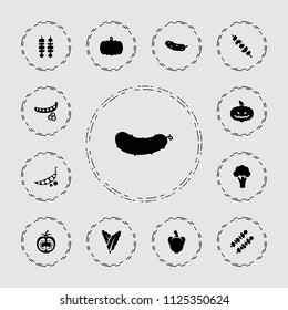 Vegetable icon. collection of 13 vegetable filled icons such as pumpkin, peas, spinach, cauliflower, cucumber, kebab, pepper. editable vegetable icons for web and mobile.