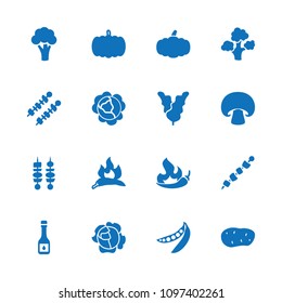 Vegetable icon. collection of 16 vegetable filled icons such as pumpkin, cabbage, chili, cauliflower, peas, kebab, mushroom. editable vegetable icons for web and mobile.