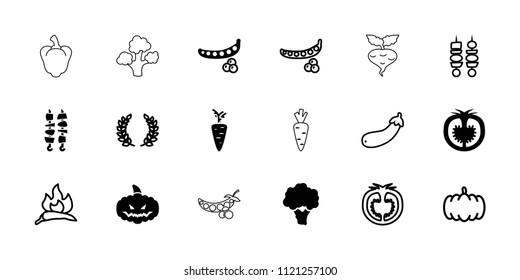 Vegetable icon. collection of 18 vegetable filled and outline icons such as peas, tomato, pumpkin, chili, aubergine, kebab. editable vegetable icons for web and mobile.