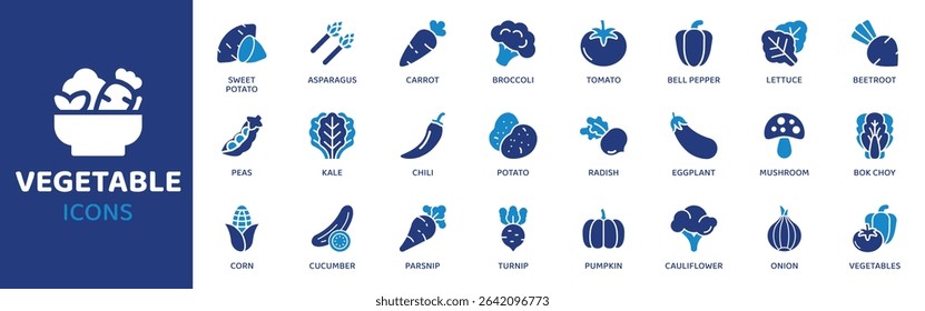 Vegetable - Icon Collection. Thin Line Set contains such Icons as Carrot, Tomato, Onion, Potato, Garlic, Broccoli, Lettuce and more. Simple web icons set.