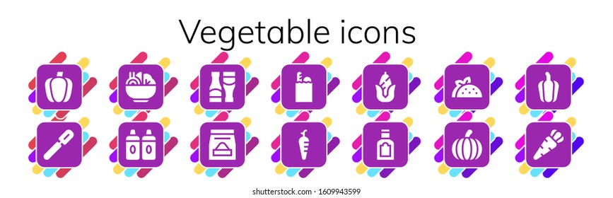 vegetable icon set. 14 filled vegetable icons.  Simple modern icons such as: Paprika, Peeler, Salad, Sauces, Food, Groceries, Carrot, Corn, Taco, Pumpkin, Pepper