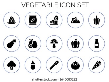 vegetable icon set. 15 filled vegetable icons.  Simple modern icons such as: Avocado, Eggplant, Food, Tin, Mushroom, Taco, Paprika, Pepper, Ketchup bottle, Broccoli, Aubergine