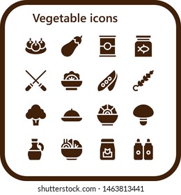 vegetable icon set. 16 filled vegetable icons.  Collection Of - Bitterballen, Eggplant, Tomato, Fish food, Skewers, Salad, Pea, Skewer, Broccoli, Food, Mushroom, Olive oil, Sauces
