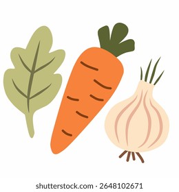 Vegetable icon set of carrot, garlic, and green leaf in cozy vibrant colors. Ideal for farm market, cooking visuals, organic food, and fall-themed designs.