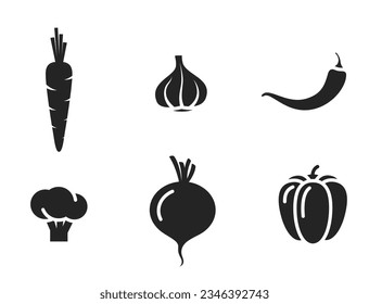 conjunto de iconos de verduras. zanahorias, ajo, pimienta, pimiento, remolacha y brócoli. cosecha, agricultura y símbolos de alimentos orgánicos. imagen vectorial aislada