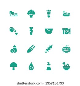 vegetable icon set. Collection of 16 filled vegetable icons included Salad, Oil bottle, Avocado, Mushroom, Pumpkin, Skewer, Corn, Aubergine, Food, Carrot, Gardening, Cucumber