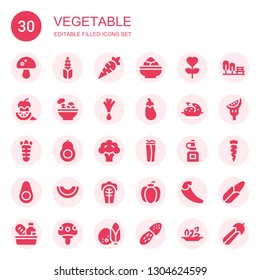 vegetable icon set. Collection of 30 filled vegetable icons included Mushroom, Corn, Carrot, Salad, Garden, Pepper, Leek, Aubergine, Potato, Avocado, Broccoli, Wrap, Oil bottle