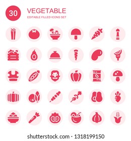 vegetable icon set. Collection of 30 filled vegetable icons included Wrap, Tomato, Salad, Mushroom, Carrot, Fruit box, Avocado, Foods, Jelly beans, Peas, Ginger, Paprika, Beans