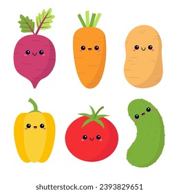 Vegetable icon set. Cute cartoon kawaii character with smiling face, eyes. Root, beet, carrot, potato pepper tomato cucumber. Kids education. Vegetables collection. Flat design White background Vector