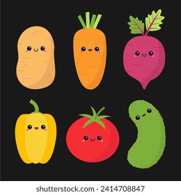 Vegetable icon set. Cute cartoon kawaii character with smiling face, eyes. Carrot root, beet, potato pepper tomato, cucumber. Kids education. Vegetables collection. Flat design Black background Vector