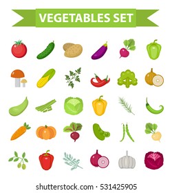 Vegetable icon set, flat, cartoon style. Fresh vegetables and herbs isolated on white background. Farm products, vegetarian food. Cabbage, beets, peppers, greens, potatoes, tomato. Vector illustration