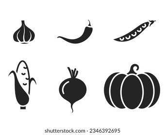 pflanzliches Icon-Set. Knoblauch, scharfe Paprika, Erbsen, Rüben, Kürbis und Mais. Symbole für Ernte, Landwirtschaft und ökologische Lebensmittel. isoliertes Vektorbild
