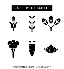 vegetable icon set glyph style for your web design, logo, UI. illustration. such as corn, grain, spinach, broccoli, carrot, garlic