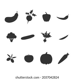 Vegetable icon set. Healthy food elements collection. Black silhouettes vegetable group. Vector isolated on white