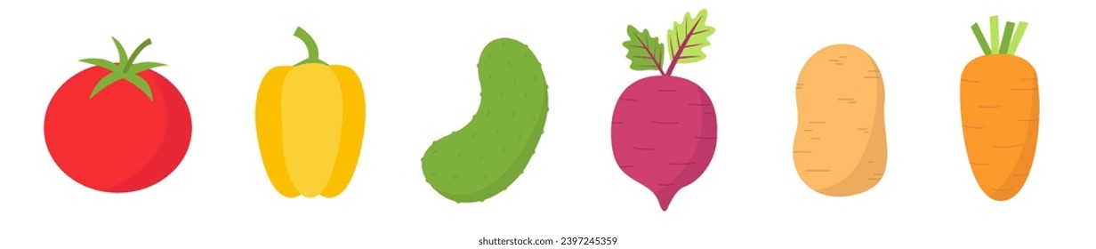 Vegetable icon set line. Root beet, carrot, potato, pepper potatoes tomato paprika, cucumber. Kids education. Vegetables collection. Different colors. Flat design. White background Isolated. Vector
