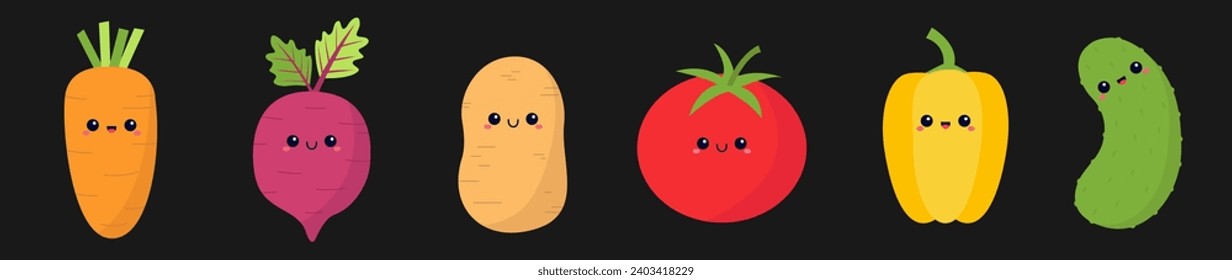 Vegetable icon set line. Root, beet, potato, carrot, pepper, tomato, cucumber. Cute cartoon kawaii character with smiling face eyes. Vegetables. Kids education. Flat design. Black background Vector