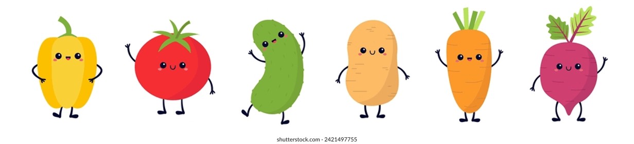 Vegetable icon set line. Root, beet, carrot, potato, pepper tomato cucumber. Cute cartoon kawaii character. Smiling face eyes, hands legs. Kids education. Flat design. White background. Vector