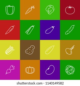 vegetable icon set line style with corn, pepper, pea, bean, radish, pumpkin, tomato, chilli, cucumber, cabbage, potato, carrot, onion for banner sale, pattern, logo, web, decoration. vector 10 eps