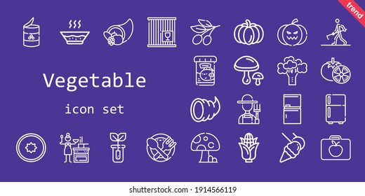 vegetable icon set. line icon style. vegetable related icons such as kiwi, soup, fridge, sprout, corn, broccoli, sauce, crate, food, mushrooms, farmer hoeing, tomatoes, lunchbox, fish food, peas