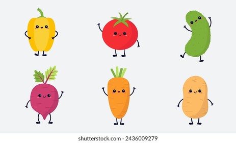 Gemüsesymbolsatz. Pfeffer Tomate, Karotte, Wurzel Rüben, Kartoffeln Gurke. Nette Cartoon-Kawaii-Figur. Lächelnde Augen, Hände, Beine. Bildung für Kinder. Flaches Design. Weißer Hintergrund. Isoliert. Vektor