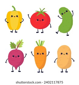 Juego de iconos de verduras. Raíz, remolacha, tomate de pimienta, zanahoria, pepino de papa. Caricatura educada del personaje kawaii. Ojos de cara sonrientes manos piernas. Educación infantil. Diseño plano. Fondo blanco. Aislado. Vector