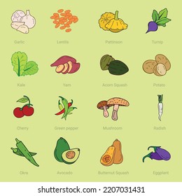  A vegetable icon set that includes Celery, Artichoke, Green Pepper, Red Pepper, Bell Pepper, Lettuce, Cucumber, Tomato, Eggplant, Zucchini, Peas, Cauliflower, Butternut Squash, Corn, French etc.