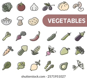 Vegetable icon set. Thin line colored icons. Vegetable icons. EPS 10.