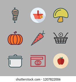 vegetable icon set. vector set about kebab, shopping basket, pumpkin and mushroom icons set.