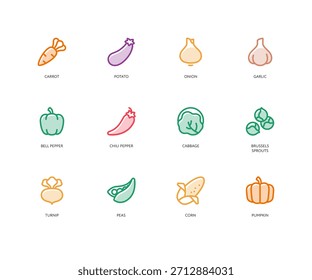 Conjunto de iconos de verduras. Ilustración vectorial. Símbolo de color moderno plano. Colección de alimentos saludables. Pictogramas de zanahoria, patata, cebolla, ajo, pimienta, repollo, coliflor, brote, nabo, calabaza, maíz