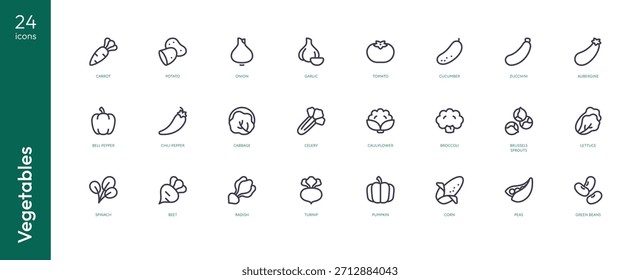 Conjunto de iconos de verduras. Ilustración vectorial. Símbolo blanco y negro de contorno plano aislado. Colección de alimentos saludables. Pictogramas de zanahoria, patata, cebolla, ajo, tomate, pepino, pimienta, repollo