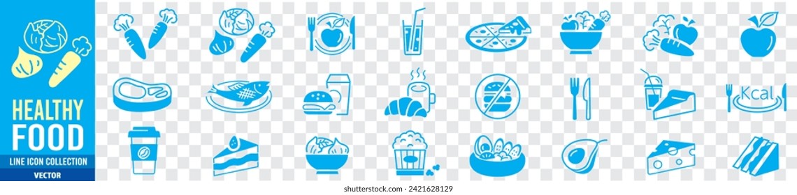 vegetable icon set. Wellness, Well-being, Healthy salad, food, poke bowl, Fish, Apple, Breakfast, Carrot, Juice, Cake, Coffee, Meal, Burger, Pizza,  editable stroke icons collection Vector