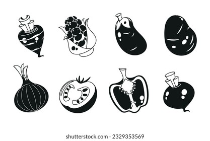 Vegetable Icons, Black And White Carrot, Corn Cob, Eggplant And Potato. Onion, Tomato, Bell Pepper And Beetroot Veggies