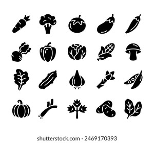 vegetable icons collection in solid black color