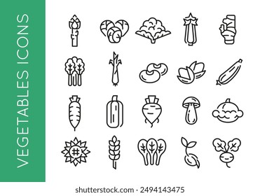 Iconos vegetales. Grande conjunto de iconos mínimos de moda vegetal. Ejemplo: Apio, champiñón, tomate, zanahoria, icono de pimienta. Diseño de carteles para página de Web, App móvil, diseño de envases. Ilustración vectorial