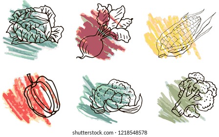 Vegetable icons on the background of colored pencils hatching. Vegetables with black outline. Vector in color.