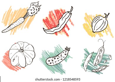Vegetable icons on the background of colored pencils hatching. Vegetables with black outline and white fill. Vector in color.