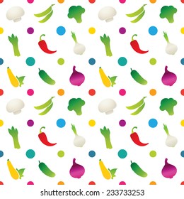 Vegetable icons pattern with asparagus, broccoli, champignon, red chili pepper, onion, peas, zucchini. Vector illustration.